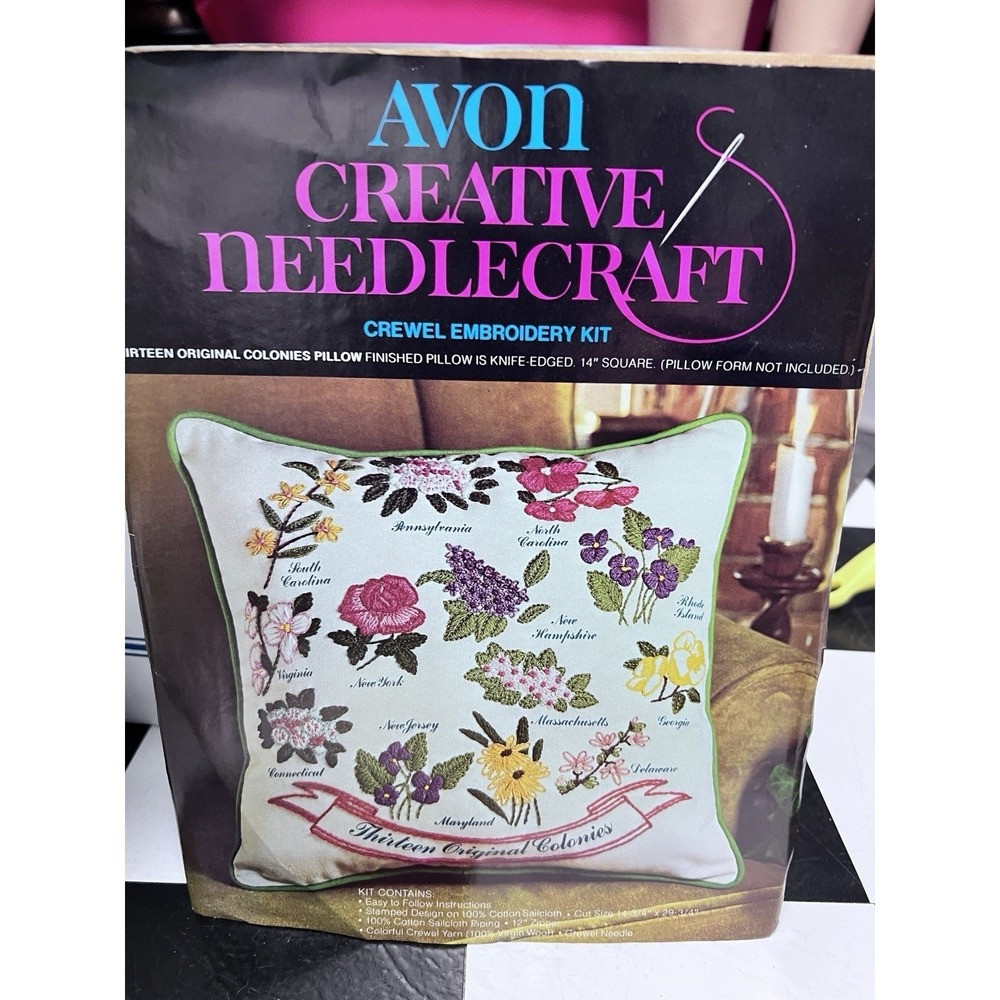 VTG 70s Thirteen‎ Colonies Crewel Embroidery Pillow Cross Stitch Floral MCM Wool